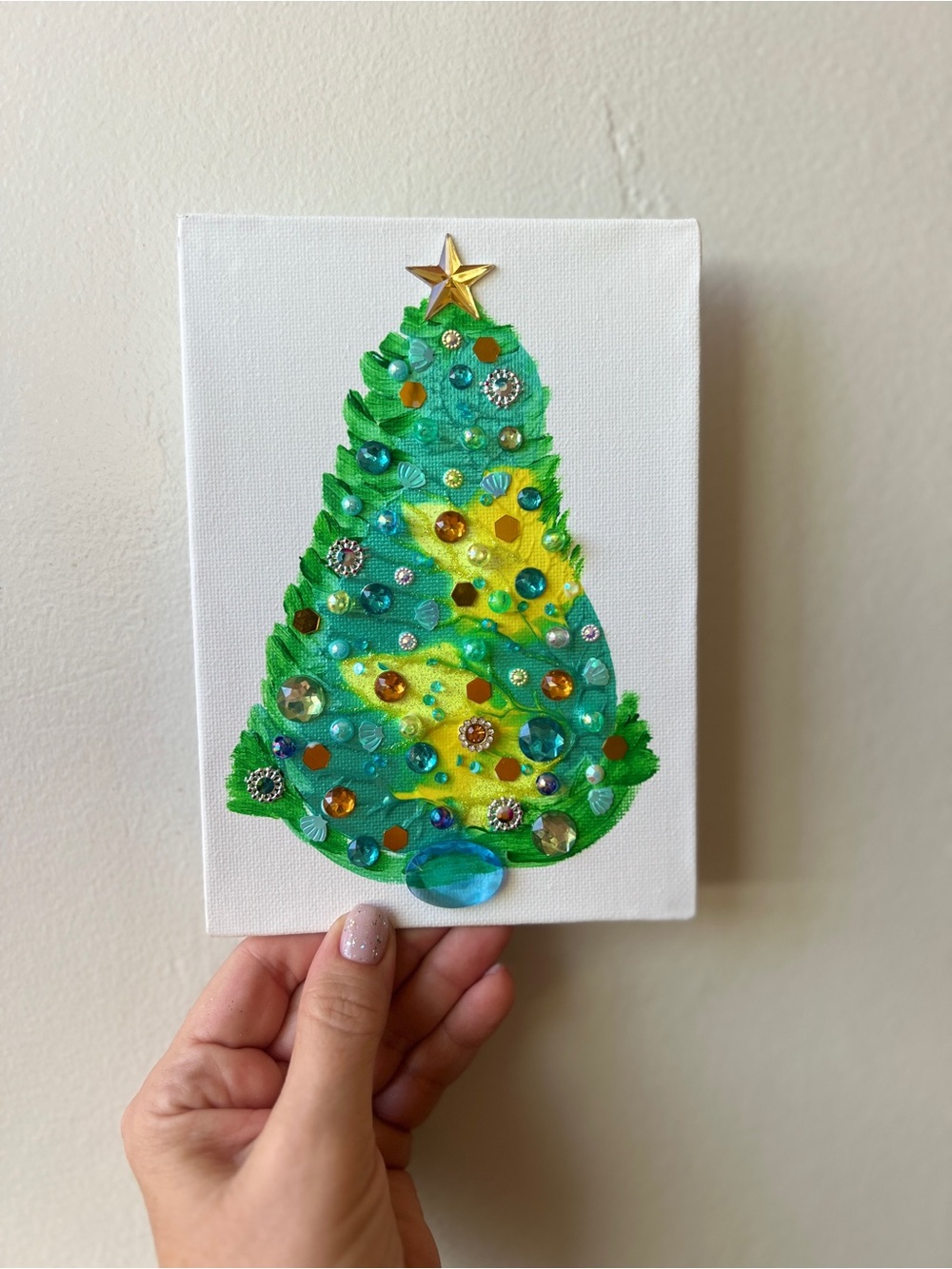Embellished Green & Teal Holiday Tree Canvas Aqua & Gold Jeweled Christmas Tree - Picture 9 of 10
